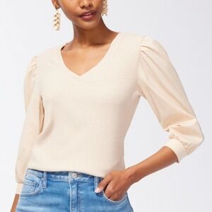 CHICOS CASUAL CREAM RIB MIX V NECK TOP  W PUFF BALLOON SLEEVES SIZE 1